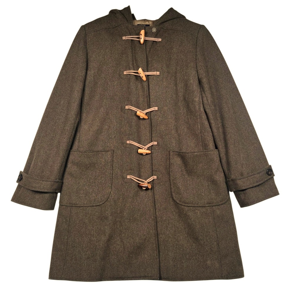 Vintage J. Crew Duffle Coat Womens Medium Brown Wool Blend Hooded Toggle Jacket